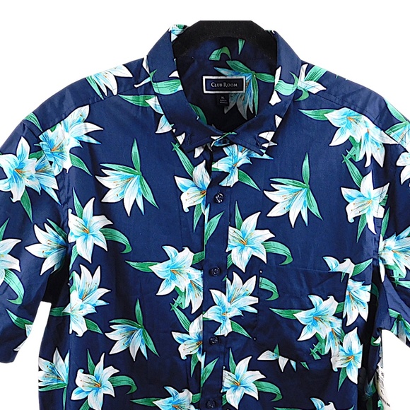 Club Room Men’s Hawaiian Floral Button-Down Shirt Navy Blue Size XL - Picture 3 of 9